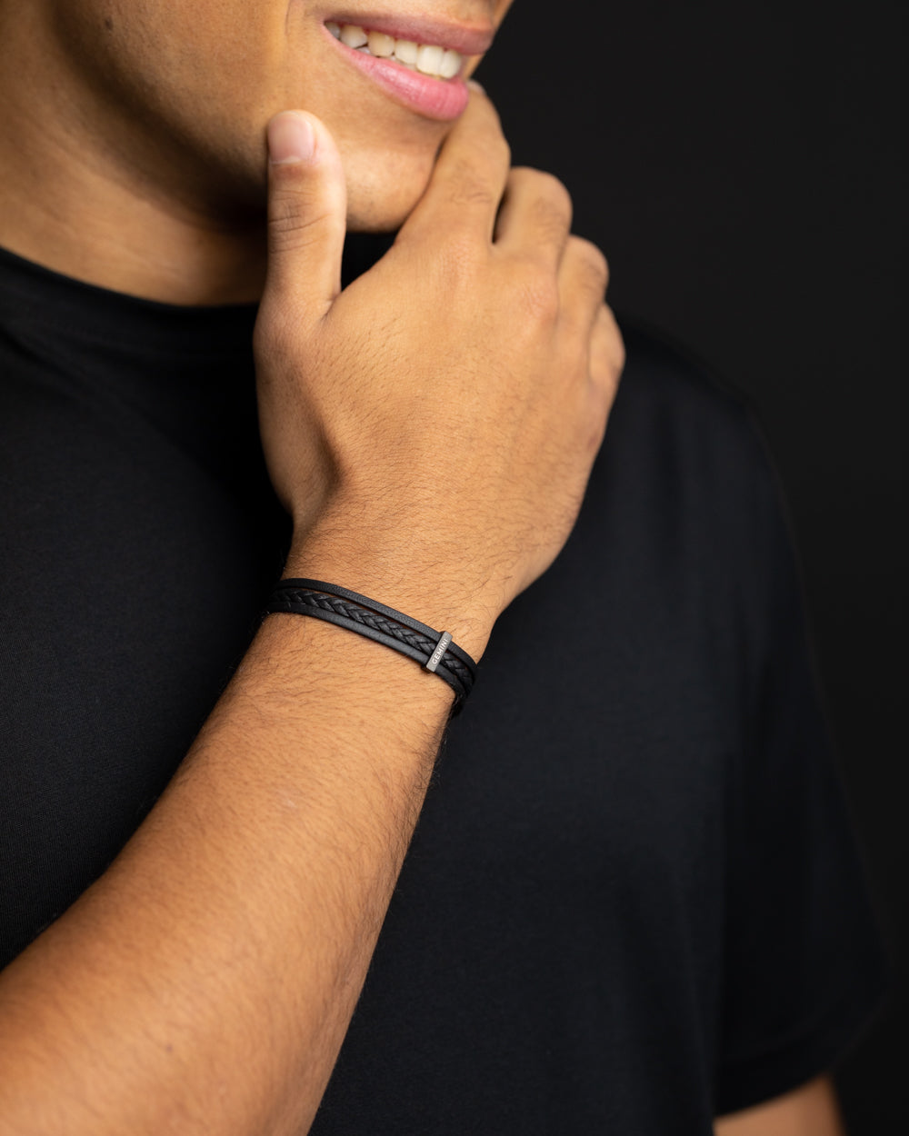 Brățară triplă din piele nappa italiană neagră cu finisaj negru, Gemini